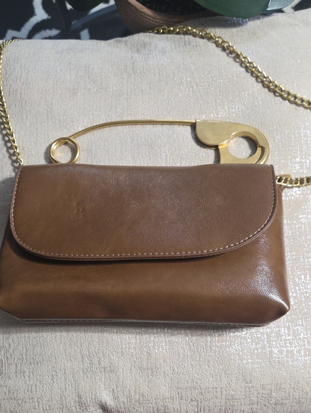 Small Brown Leather Crossbody Bag with Gold Chain Strap